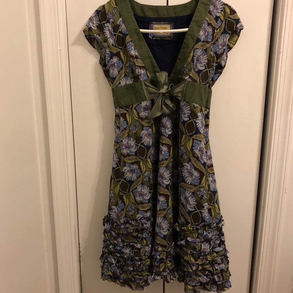 Free People Green and Brown Floral Dress Size 2